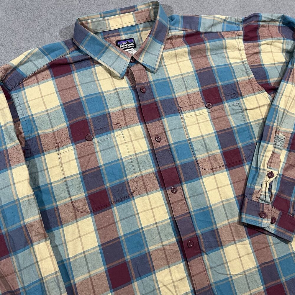 Patagonia Shirt Men Size XL Plaid Blue Red‎ Organic Pima Cotton Button Up Fjord